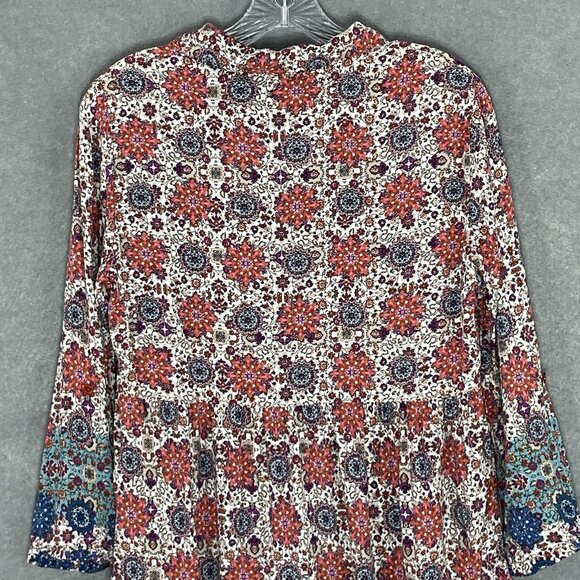 En Creme Dress Women Sz M Floral Colorful Patchwork Tiered Button Up Flowy Boho - Picture 6 of 13